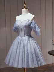 A-Line Gray Blue Tulle Short Corset Prom Dress. Cute Gray Blue Corset Homecoming Dress outfit, Homecoming Dress Vintage