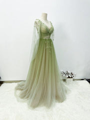 A-line Green Gradient Puffy Sleeves Tulle Long Party Dress, Green Long Corset Prom Dress outfits, Floral Dress