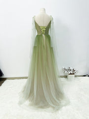 A-line Green Gradient Puffy Sleeves Tulle Long Party Dress, Green Long Corset Prom Dress outfits, Yellow Prom Dress