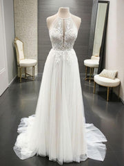 A-line Halter Appliques Lace Sweep Train Tulle Corset Wedding Dress outfit, Wedding Dress Outfit