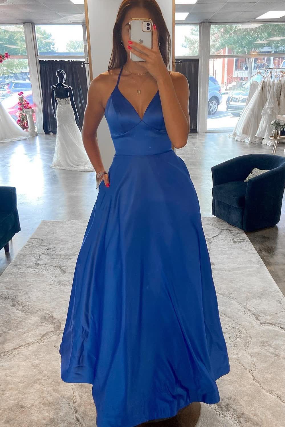 A Line Halter Blue Long Corset Prom Dress with Criss Cross Back Gowns, A Line Halter Blue Long Prom Dress with Criss Cross Back