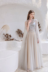 A Line High Neck Sleeveless Beading Tulle Floor Length Corset Prom Dresses outfit, Evening Dress Elegant Classy