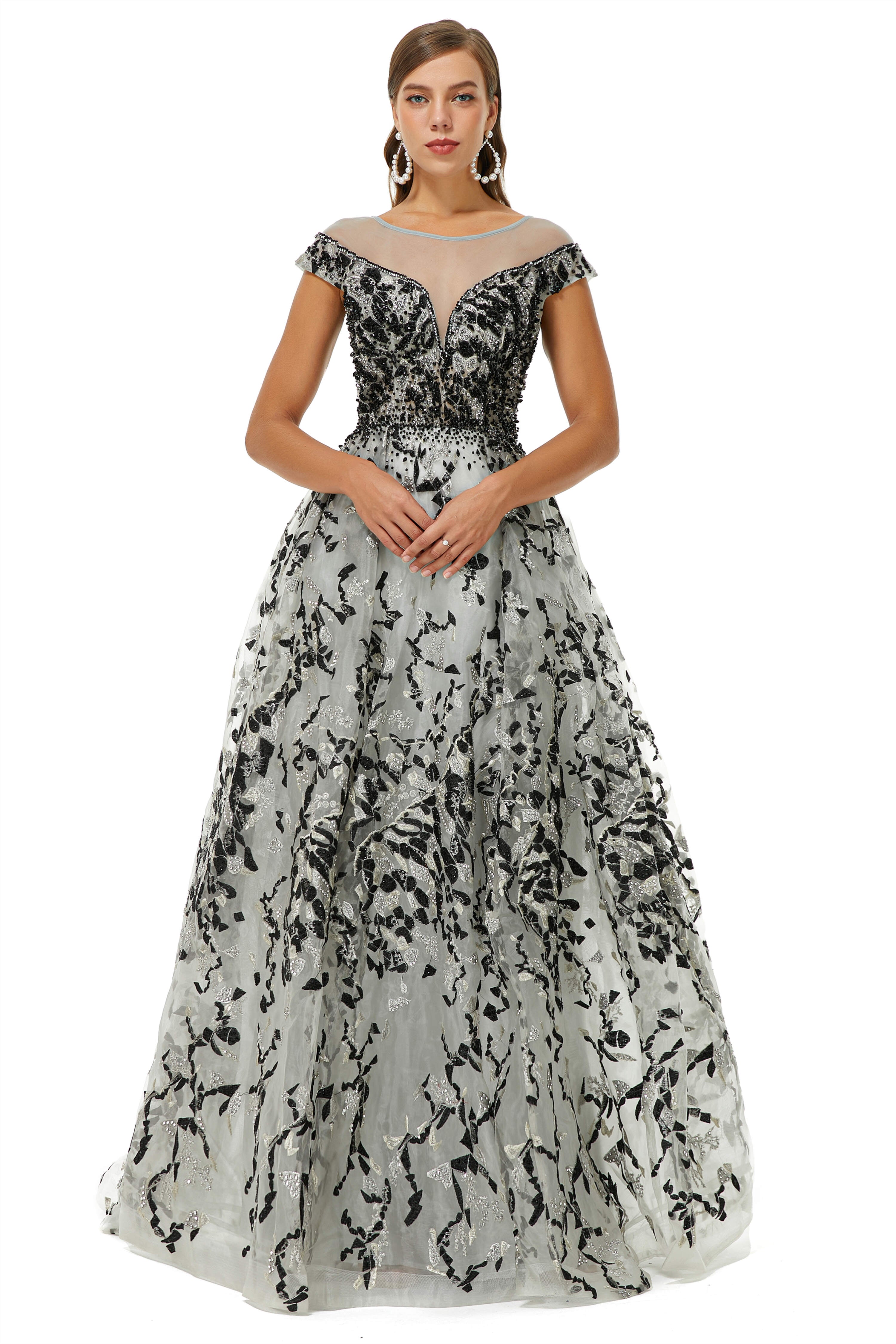 A-line Jewel Beaded Floor-length cap sleeve Sequined Corset Prom Dresses outfit, Formal Dresses Black