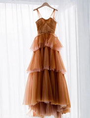 A Line Long Brown Tulle Corset Prom Dresses outfit, Simple Dress