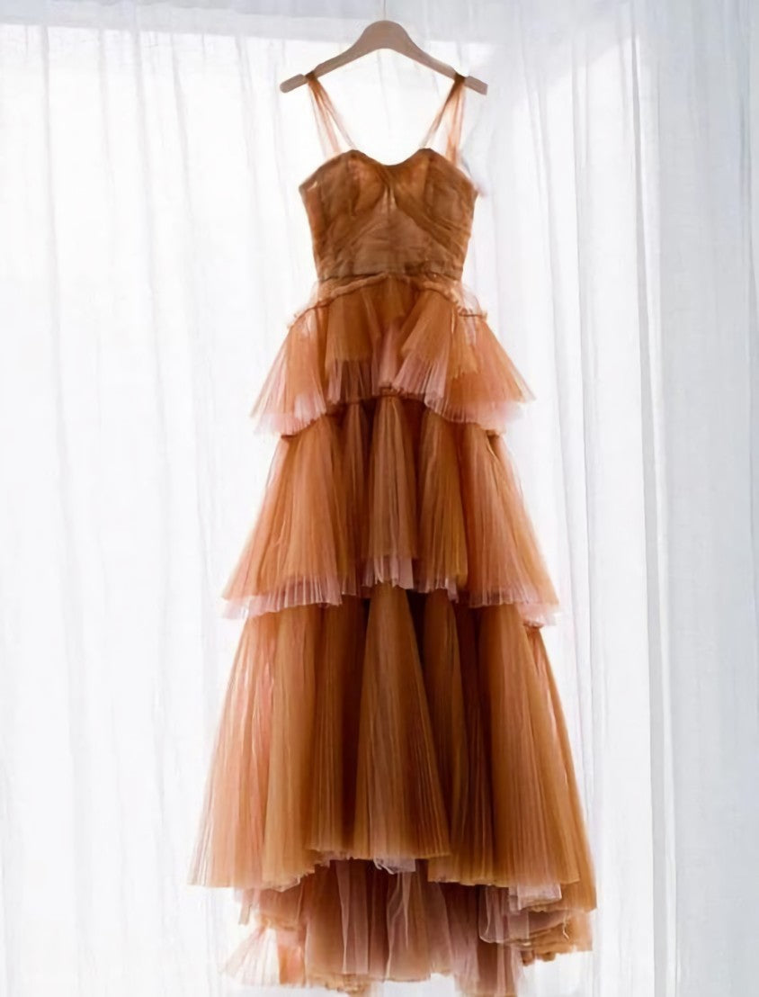 A Line Long Brown Tulle Corset Prom Dresses outfit, Spring Dress