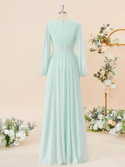 A-line Long Sleeves Chiffon V-neck Pleated Floor-Length Corset Bridesmaid Dress outfit, Homecoming Dresses Short
