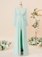 A-line Long Sleeves Chiffon V-neck Pleated Floor-Length Corset Bridesmaid Dress outfit, Homecoming Dress Online