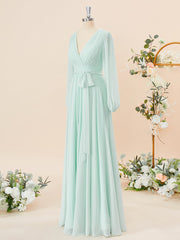 A-line Long Sleeves Chiffon V-neck Pleated Floor-Length Corset Bridesmaid Dress outfit, Homecoming Dresses 2037