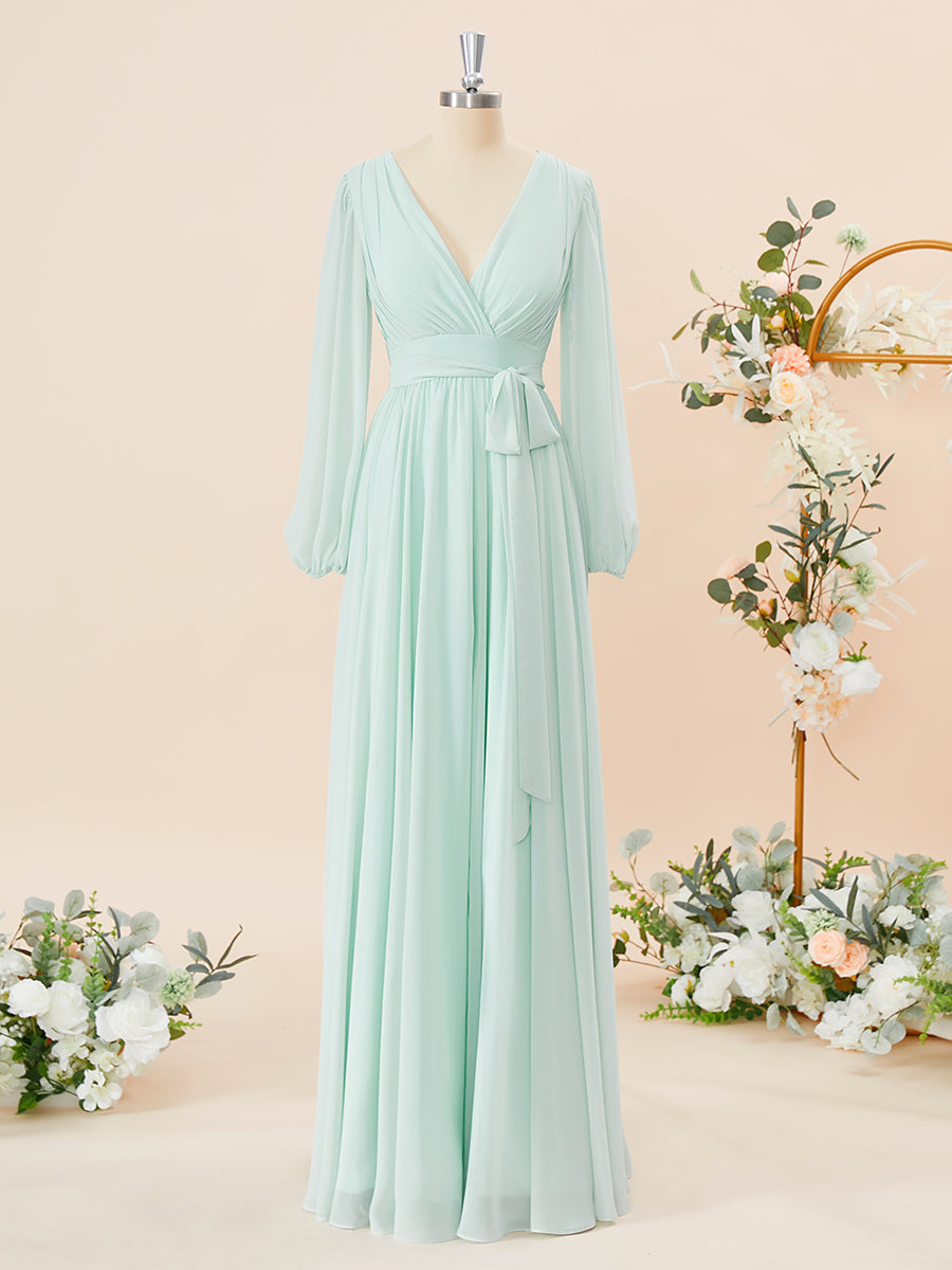 A-line Long Sleeves Chiffon V-neck Pleated Floor-Length Corset Bridesmaid Dress outfit, Homecoming Dress Short