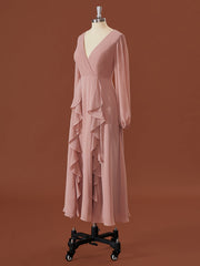 A-line Long Sleeves Chiffon V-neck Ruffles Tea-Length Corset Bridesmaid Dress outfit, Formal Dresses Australia
