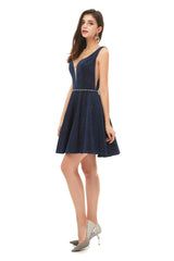 A-Line Navy Blue V-neck Mini Short Beading Corset Homecoming Dresses k08 Gowns, Homecomming Dresses Cute