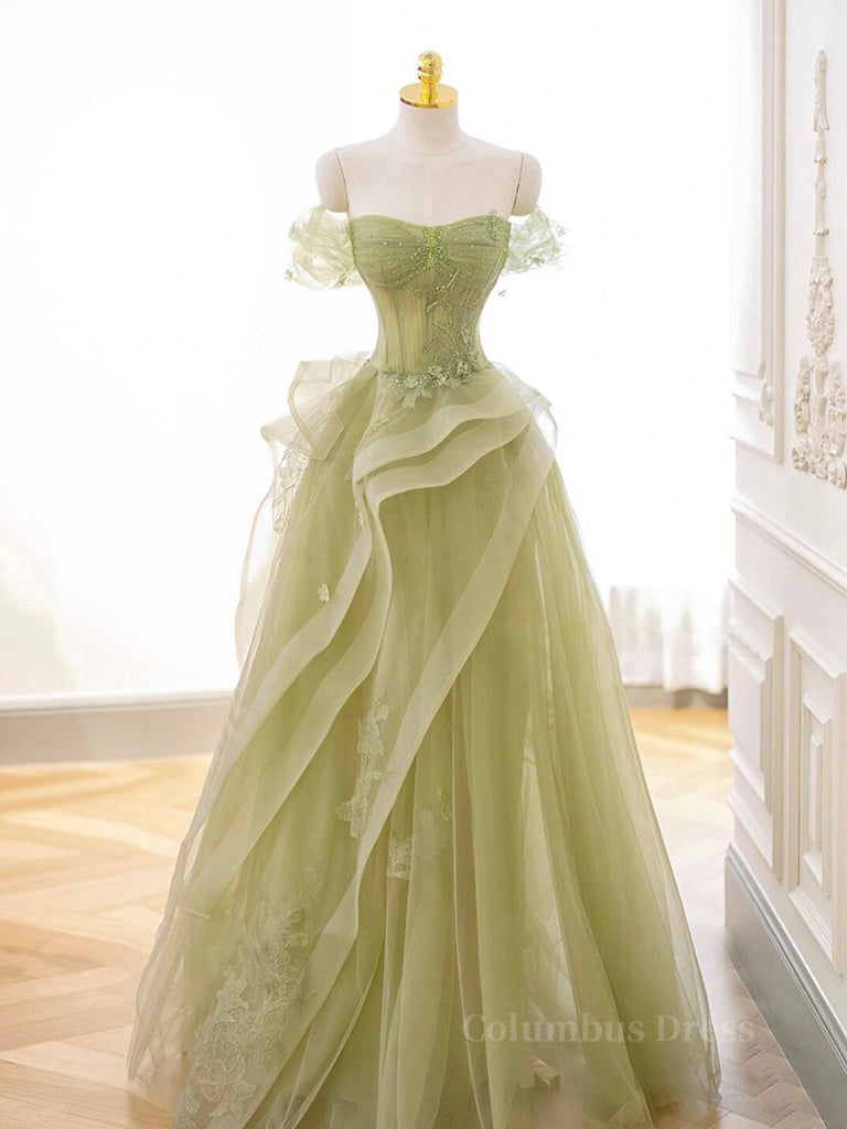 A-Line Off Shoulder Green Lace Long Corset Prom Dress, Green Corset Fo