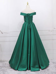 A-Line Off Shoulder Green Satin Long Corset Prom Dresses, Green Evening Dresses outfit, Prom Dress 2032