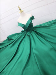 A-Line Off Shoulder Green Satin Long Corset Prom Dresses, Green Evening Dresses outfit, Prom Dresses Off The Shoulder