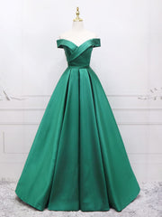 A-Line Off Shoulder Green Satin Long Corset Prom Dresses, Green Evening Dresses outfit, Prom Dress Colorful