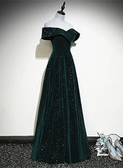A-line Off Shoulder Green Velvet Simple Party Dress, Green Corset Prom Dress Corset Formal Dress outfit, Elegant Wedding