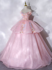 A-Line Off Shoulder Organza Lace Pink Long Corset Prom Dress. Pink Sweet 16 Dress outfit, Homecoming Dresses Short Prom