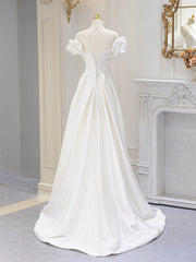 A-Line Off Shoulder Satin ivory Long Corset Prom Dress, Ivory Long Corset Bridesmaid Dress outfit, Evening Dress Yde