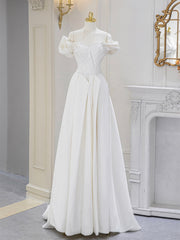 A-Line Off Shoulder Satin ivory Long Corset Prom Dress, Ivory Long Corset Bridesmaid Dress outfit, Evening Dress Dresses