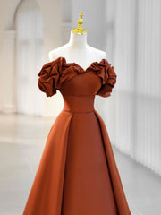A-Line Off Shoulder Satin Orange Long Corset Prom Dress, Orange Corset Formal Evening Dress outfit, Prom Dress Shops