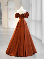 A-Line Off Shoulder Satin Orange Long Corset Prom Dress, Orange Corset Formal Evening Dress outfit, Prom Dresses Shops