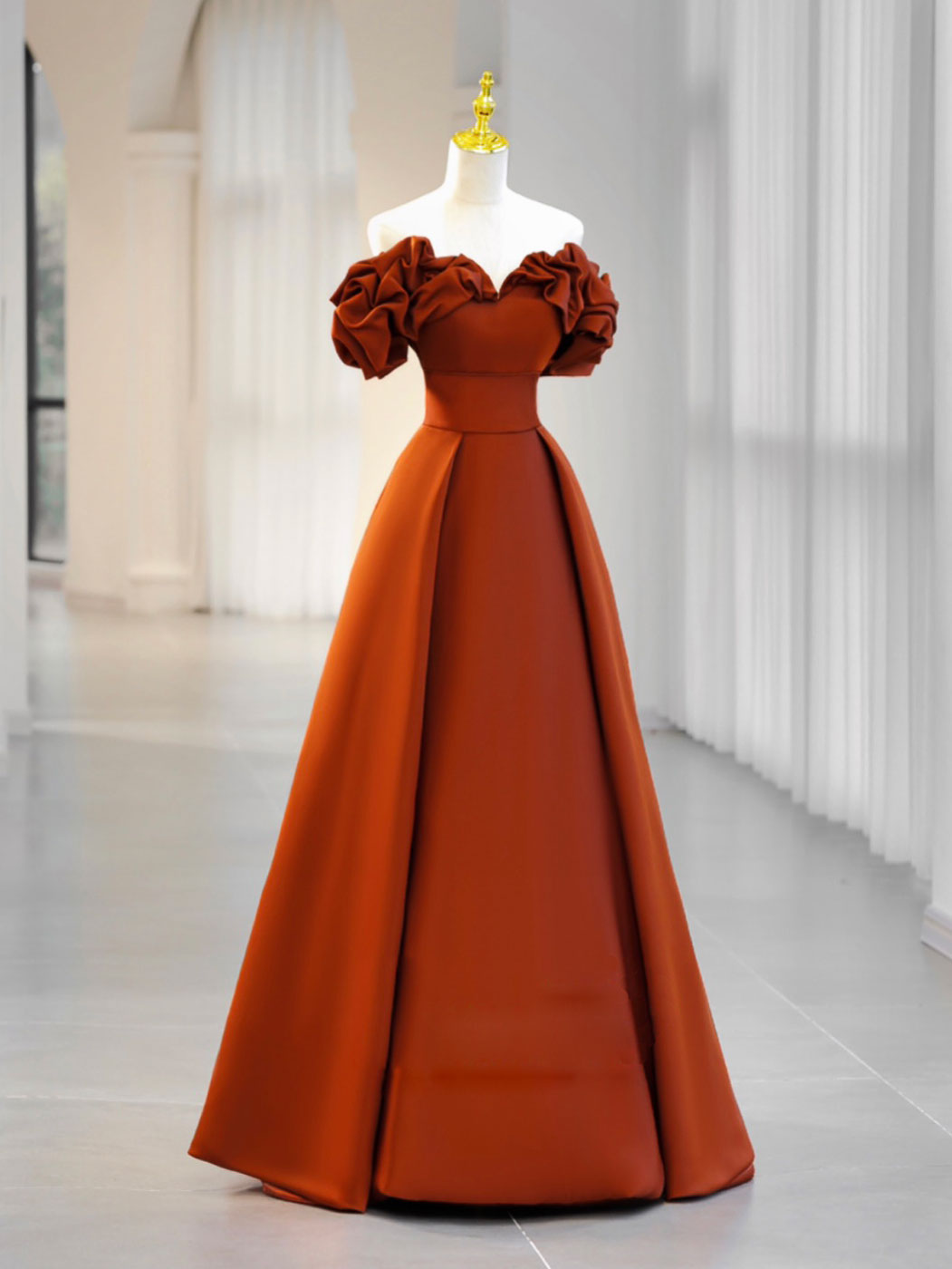 A-Line Off Shoulder Satin Orange Long Corset Prom Dress, Orange Corset Formal Evening Dress outfit, Prom Dresses Shopping