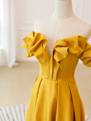 A-Line Off Shoulder Satin Yellow Long Corset Prom Dress, Yellow Corset Formal Evening Dress outfit, Prom Dress Princess Style