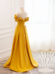 A-Line Off Shoulder Satin Yellow Long Corset Prom Dress, Yellow Corset Formal Evening Dress outfit, Prom Dresses With Sleeve