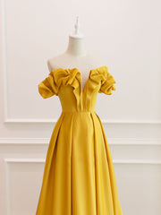 A-Line Off Shoulder Satin Yellow Long Corset Prom Dress, Yellow Corset Formal Evening Dress outfit, Prom Dress With Sleeves