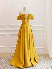 A-Line Off Shoulder Satin Yellow Long Corset Prom Dress, Yellow Corset Formal Evening Dress outfit, Prom Dresses Princess Style