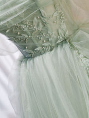 A-Line Off Shoulder Tulle Green Long Corset Prom Dresses, Green Corset Formal Dress with Beading outfit, Summer Dress
