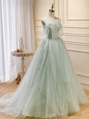 A-Line Off Shoulder Tulle Green Long Corset Prom Dresses, Green Corset Formal Dress with Beading outfit, Prom Dress Gold
