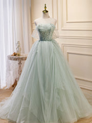 A-Line Off Shoulder Tulle Green Long Corset Prom Dresses, Green Corset Formal Dress with Beading outfit, Prom Dress Yellow