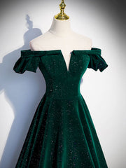 A-Line Off Shoulder Velvet Long Corset Prom Dresses, Green Velvet Graduation Dress outfits, Prom Dresses Designers