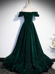 A-Line Off Shoulder Velvet Long Corset Prom Dresses, Green Velvet Graduation Dress outfits, Prom Dress Designs