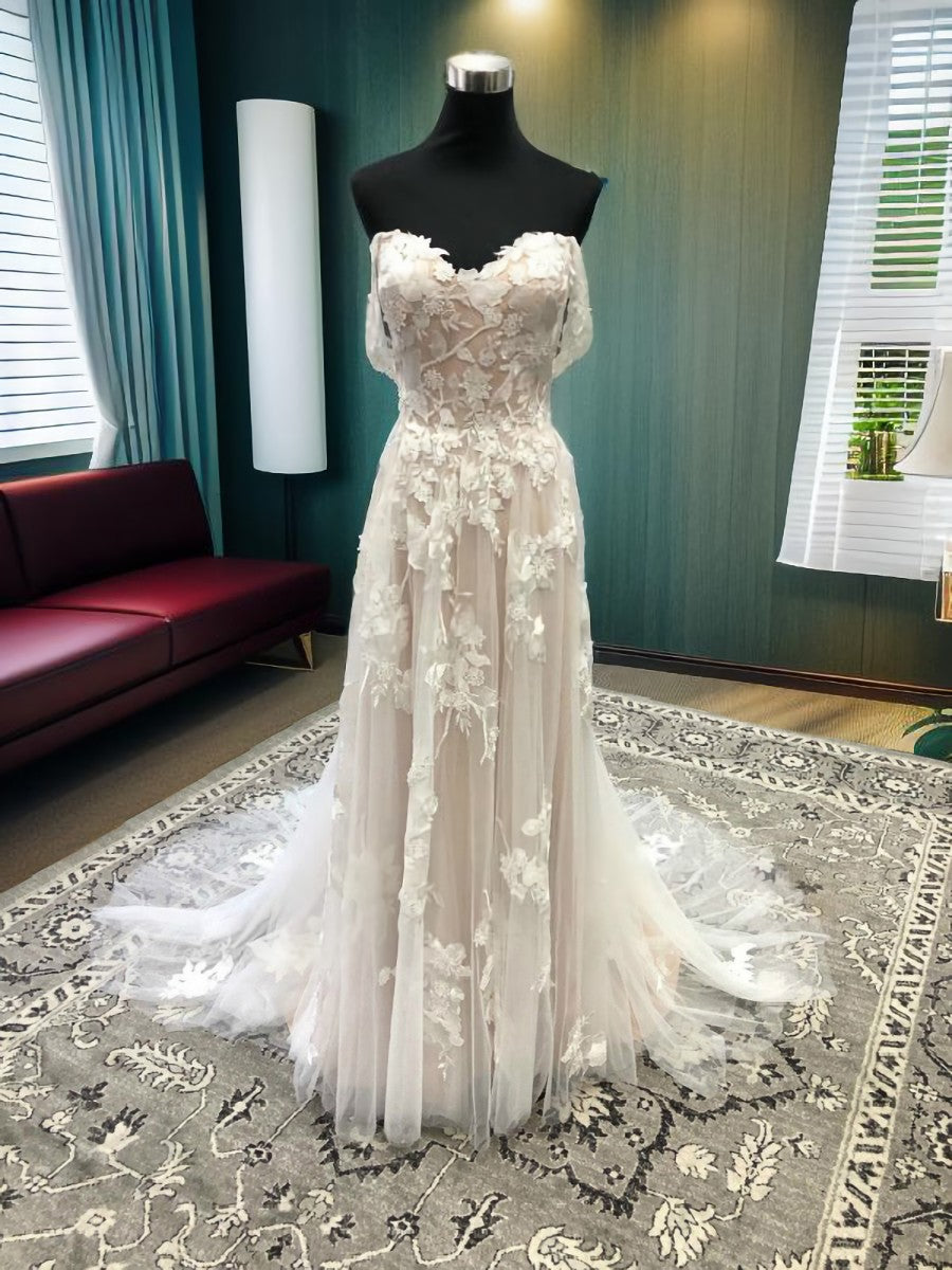 A-line Off-the-Shoulder Appliques Lace Court Train Tulle Corset Wedding Dress outfit, Wedding Dress Trend