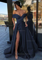 A-line Off-the-Shoulder Cap Straps Sweep Train Satin Corset Prom Dress With Pleated Split outfit, Rustic Wedding