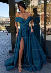 A-line Off-the-Shoulder Cap Straps Sweep Train Satin Corset Prom Dress With Pleated Split outfit, Dream Wedding