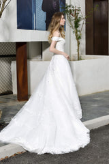 A-line Off the Shoulder Long Corset Wedding Dresses outfit, Wedding Dresses With Color