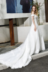 A-line Off the Shoulder Long Corset Wedding Dresses outfit, Wedding Dress Backless