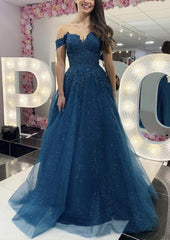 A-line Off-the-Shoulder Regular Straps Long/Floor-Length Tulle Corset Prom Dress With Appliqued Glitter outfit, Homecoming Dresses Blues