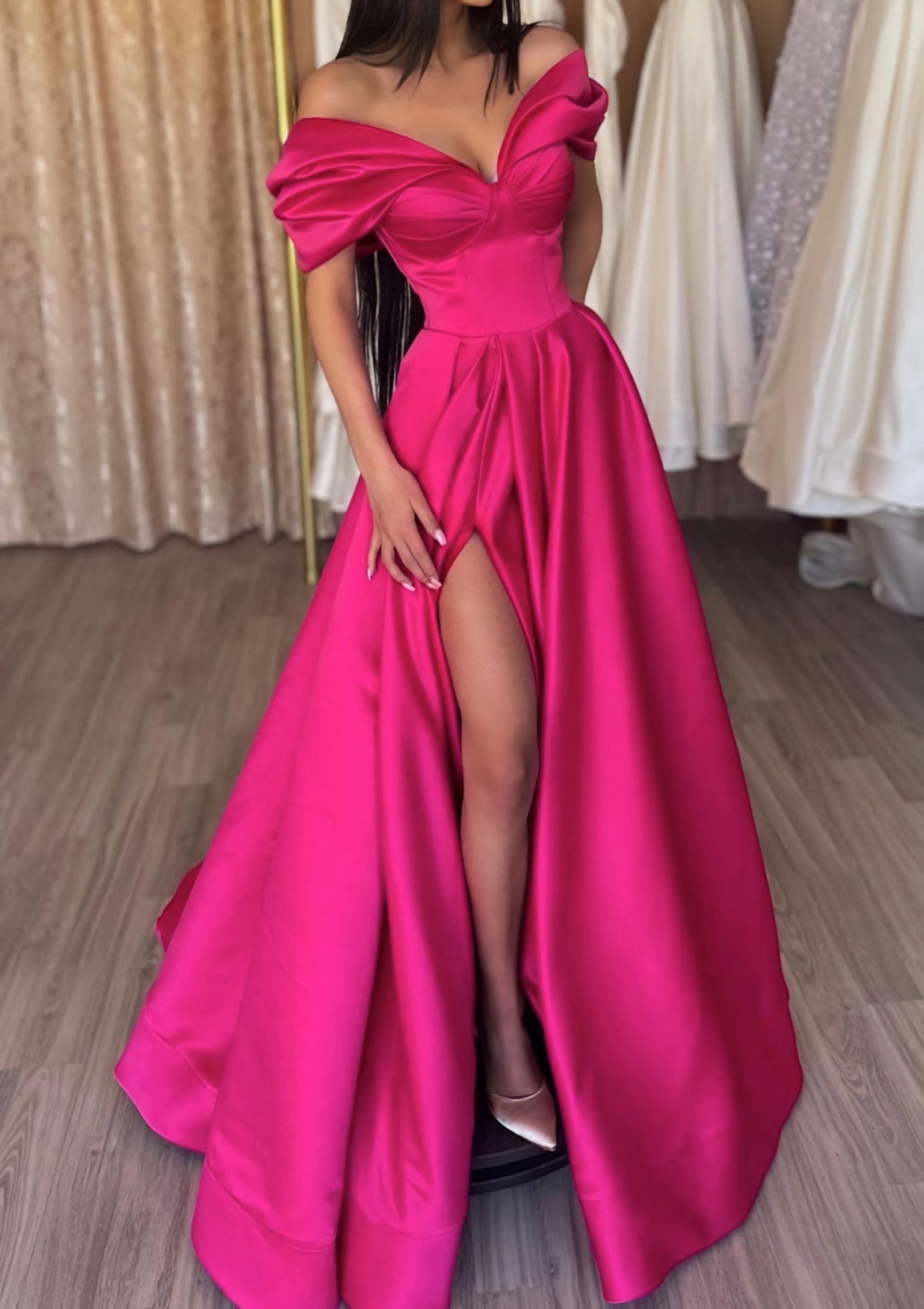 A-line Off-the-Shoulder Short Sleeve Satin Long/Floor-Length Corset Prom Dress With Ruffles Split Gowns, Prom Dress Size 45