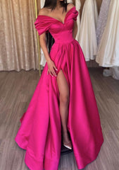 A-line Off-the-Shoulder Short Sleeve Satin Long/Floor-Length Corset Prom Dress With Ruffles Split Gowns, Prom Dress Size 45