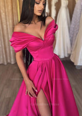 A-line Off-the-Shoulder Short Sleeve Satin Long/Floor-Length Corset Prom Dress With Ruffles Split Gowns, Prom Dresses 2051 Cheap