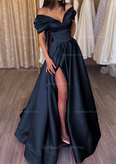 A-line Off-the-Shoulder Short Sleeve Satin Long/Floor-Length Corset Prom Dress With Ruffles Split Gowns, Prom Dresses Princess Style
