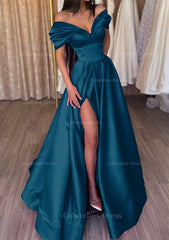 A-line Off-the-Shoulder Short Sleeve Satin Long/Floor-Length Corset Prom Dress With Ruffles Split Gowns, Prom Dress Princess Style