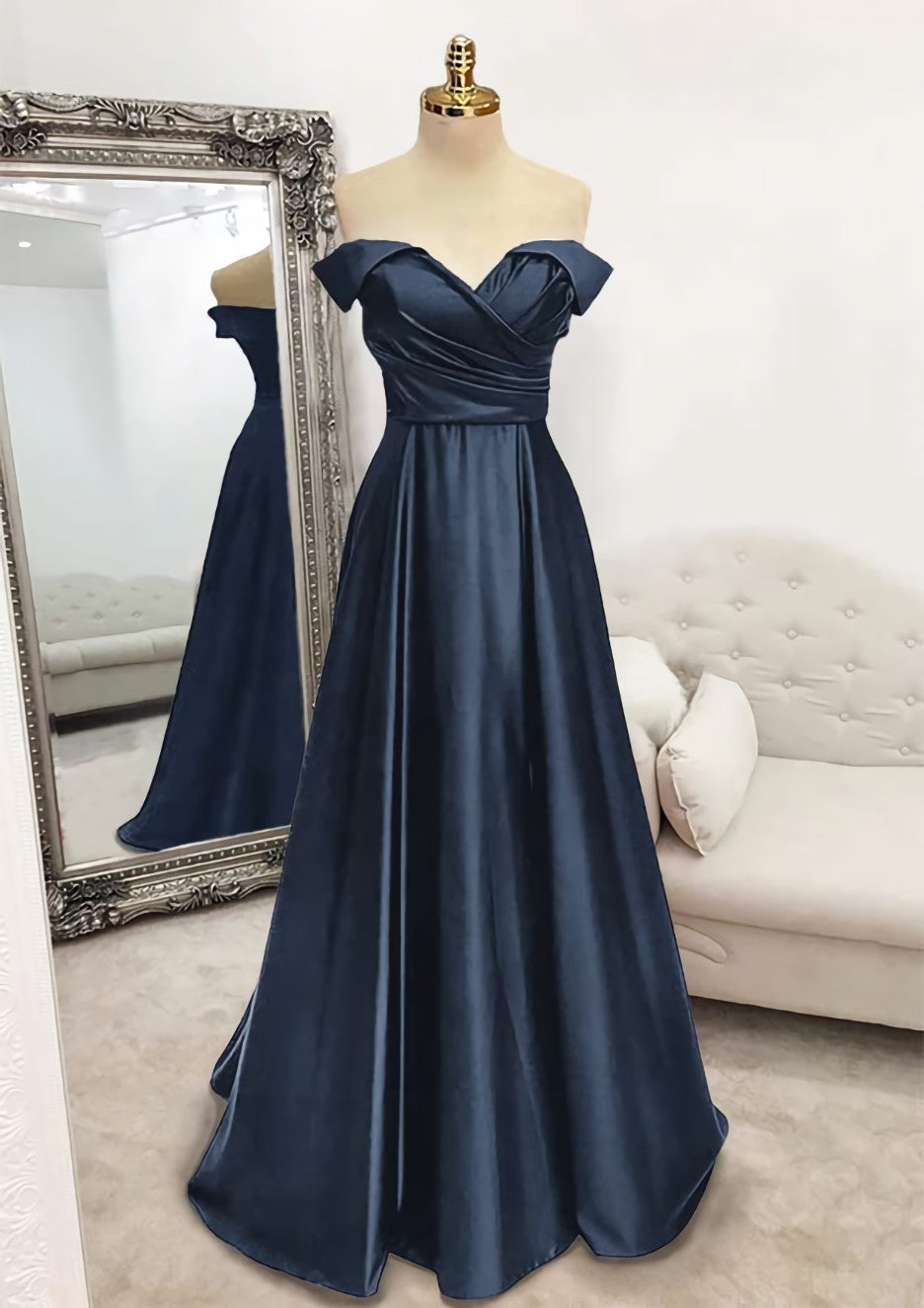 A-line Off-the-Shoulder Sleeveless Long/Floor-Length Satin Corset Prom Dress With Pleated Gowns, Evening Dress Sale
