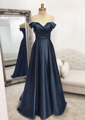 A-line Off-the-Shoulder Sleeveless Long/Floor-Length Satin Corset Prom Dress With Pleated Gowns, Evening Dress Sale