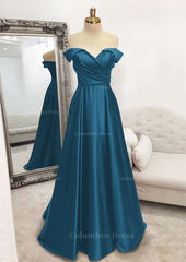 A-line Off-the-Shoulder Sleeveless Long/Floor-Length Satin Corset Prom Dress With Pleated Gowns, Evening Dress For Sale