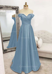 A-line Off-the-Shoulder Sleeveless Long/Floor-Length Satin Corset Prom Dress With Pleated Gowns, Evening Dresses For Sale